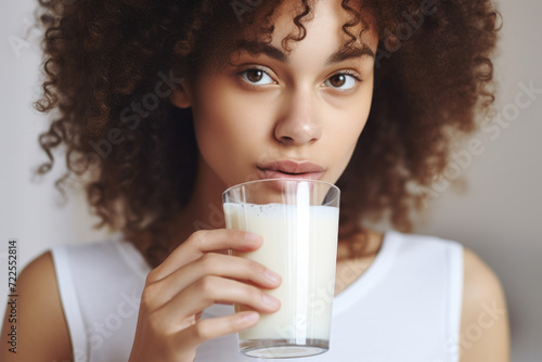 Woman is shown drinking glass of milk. This image can be used to promote benefits of milk consumption