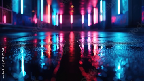 Light effect, blurred background. Wet asphalt, night view of the city, neon reflections on the concrete floor. Night empty stage, studio. Dark abstract background © buraratn