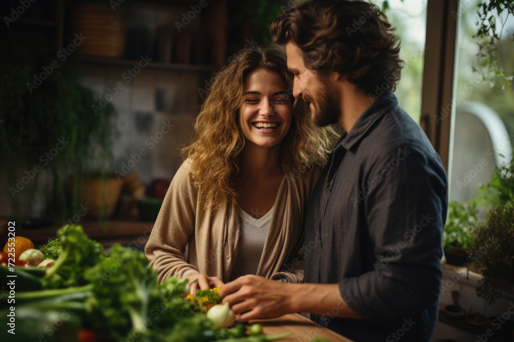 Obraz premium Man and woman are seen standing in front of table filled with variety of fresh vegetables. This image can be used to depict healthy eating, cooking, grocery shopping, or sustainable farming