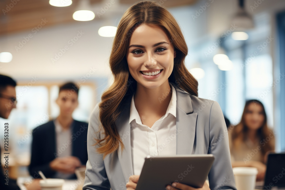 Woman is holding tablet computer in front of group of people. This image can be used to depict technology, communication, or teamwork. Woman is holding tablet computer in front of group of people. This image can be used to depict technology, communication, or teamwork.