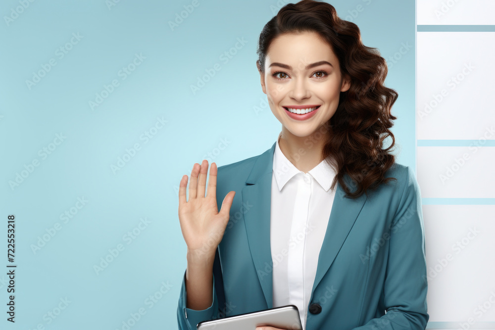 Woman dressed in blue suit holding tablet. Perfect for business, technology, and communication concepts Woman dressed in blue suit holding tablet. Perfect for business, technology, and communication concepts