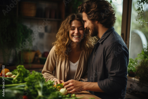 Man and woman are seen standing in front of table filled with variety of fresh vegetables. This image can be used to depict healthy eating, cooking, grocery shopping, or sustainable farming