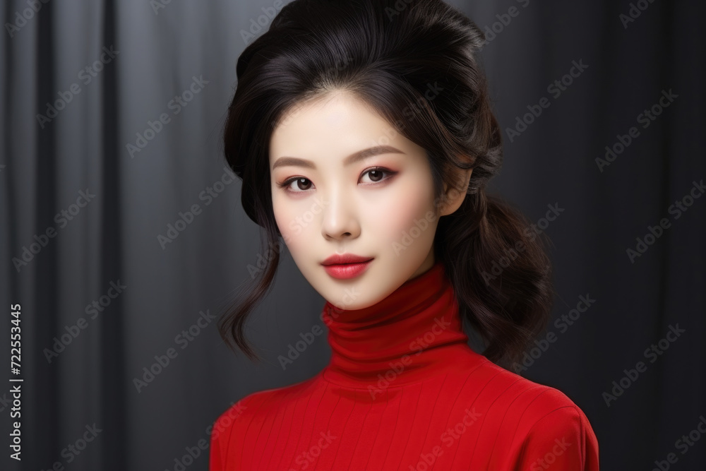 Woman wearing red turtle neck top poses for picture. This versatile image can be used in various contexts Woman wearing red turtle neck top poses for picture. This versatile image can be used in various contexts