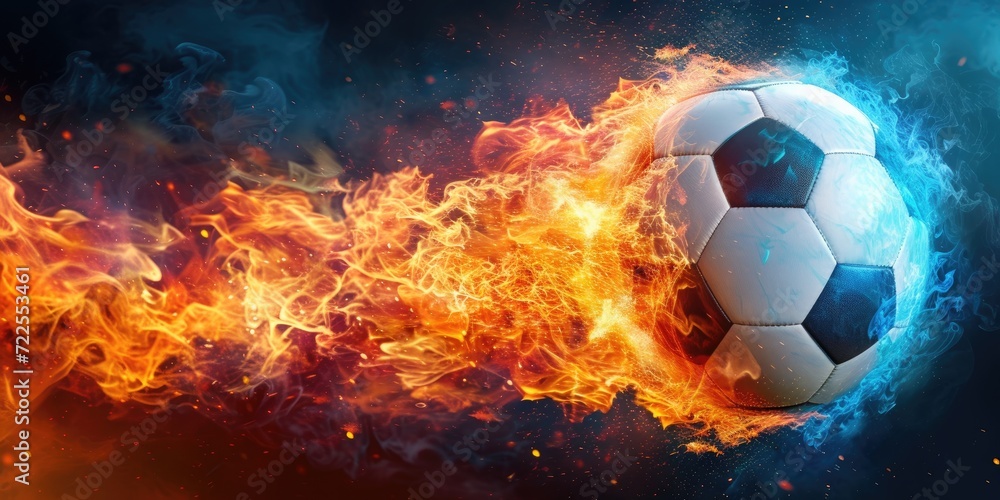Fototapeta premium Football with fire aura. champion tournament banner. Generative AI