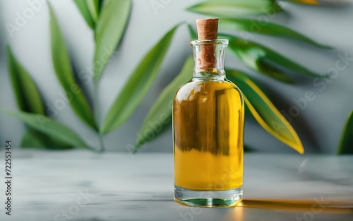 Bottle of oil on table olive nature mockup product