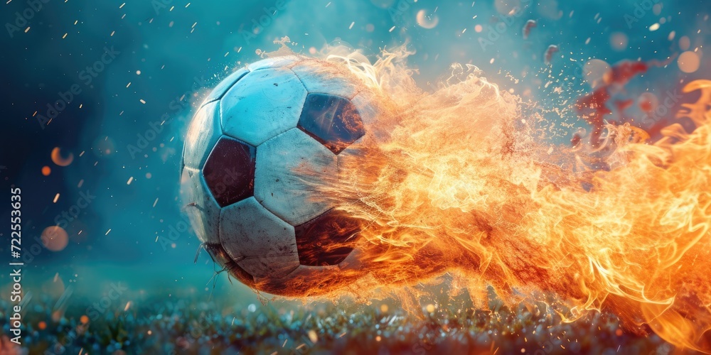 Fototapeta premium Football with fire aura. champion tournament banner. Generative AI