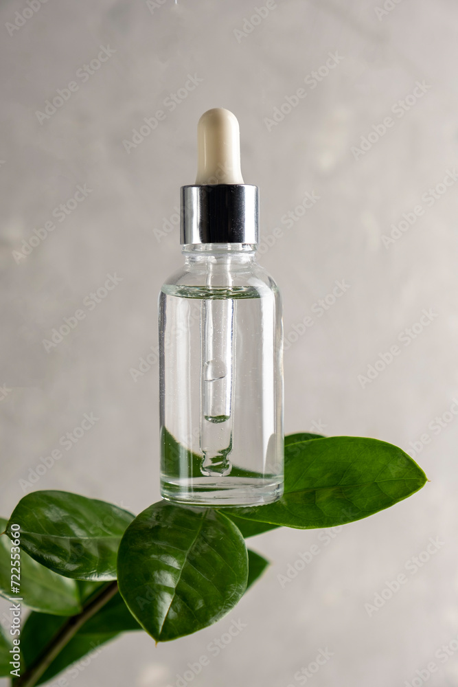 Transparent dropper bottle with serum lotion or essential oil with leafs. Skin care cosmetics concept. Transparent dropper bottle with serum lotion or essential oil with leafs. Skin care cosmetics concept.