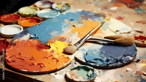 Close-up of a palette with a rich array of oil paints, showcasing the artist's color choices