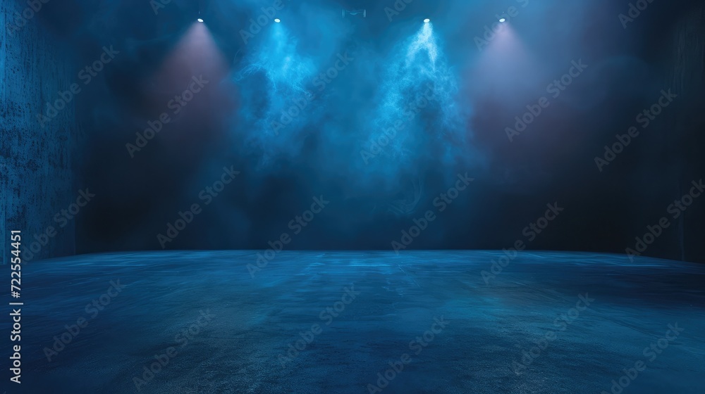 The dark stage shows, dark blue background, an empty dark scene, neon light, spotlights The asphalt floor and studio room with smoke float up the interior texture for display