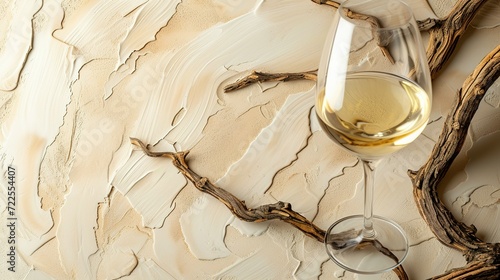 White wine and old snag on a beige background photo