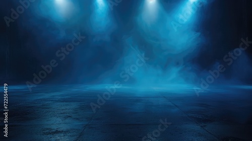 The dark stage shows  dark blue background  an empty dark scene  neon light  spotlights The asphalt floor and studio room with smoke float up the interior texture for display