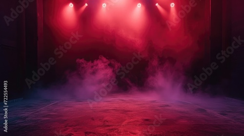 The dark stage shows  dark red background  an empty dark scene  neon light  and spotlights The concrete floor and studio room with smoke float up the interior texture for display products