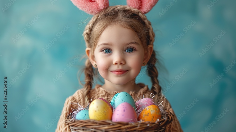 A cute girl with bunny ears holds a basket with Easter colored eggs on a blue background. A cute girl with bunny ears holds a basket with Easter colored eggs on a blue background.