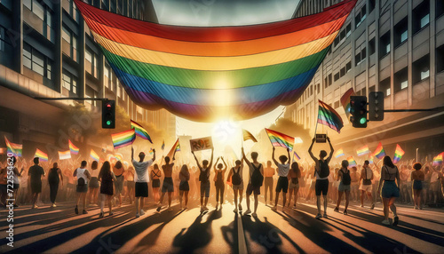 Depicting the pride day and the LGBT community with diverse people. Banner, texture or background. People with rainbow flag on pride parade.Generative AI