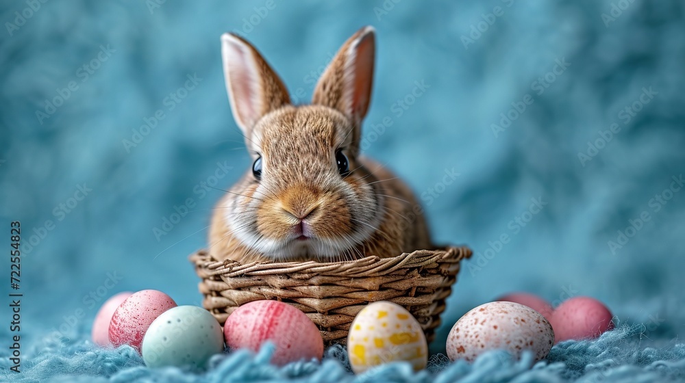 Little Bunny With Decorated Eggs on a blue background - Easter Card Little Bunny With Decorated Eggs on a blue background - Easter Card