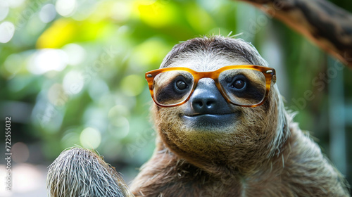 cute sloth, closeup with glasses. Ai Generative © We3 Animal