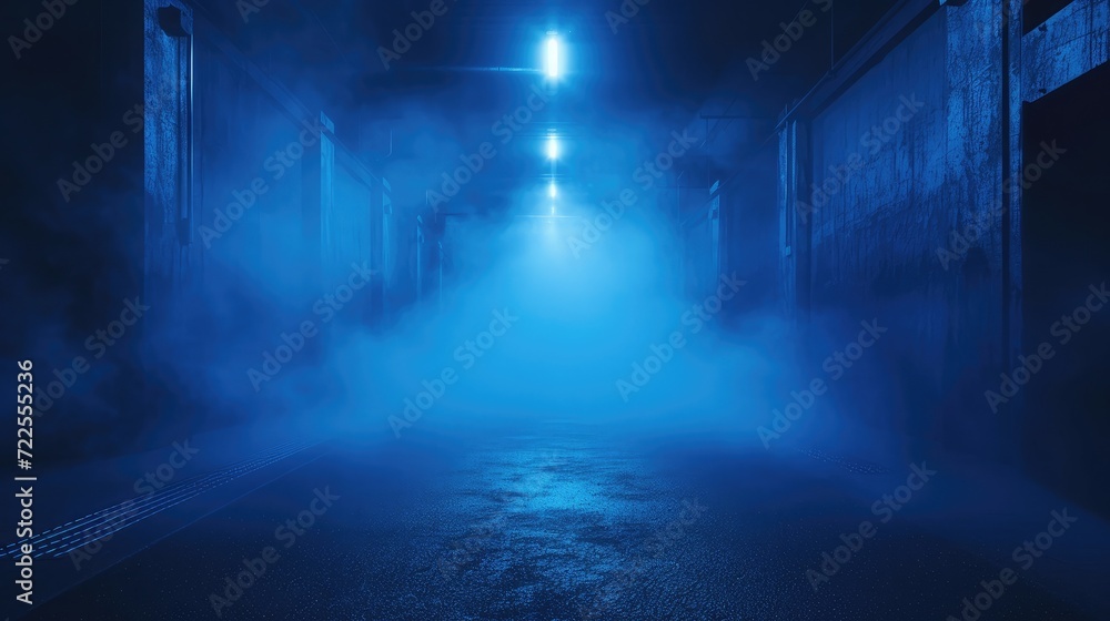 A dark empty street, dark blue background, an empty dark scene, neon light, spotlights The asphalt floor and studio room