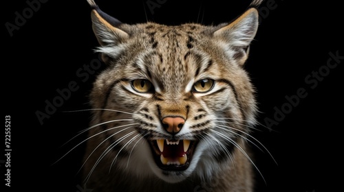 Fierce bobcat portrait on dark background, capturing its intense and powerful essence. photo