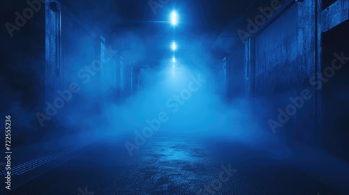A dark empty street, dark blue background, an empty dark scene, neon light, spotlights The asphalt floor and studio room