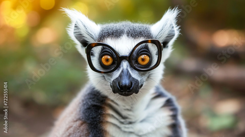 cute funny Lemur Catta, closeup with glasses. Ai Generative