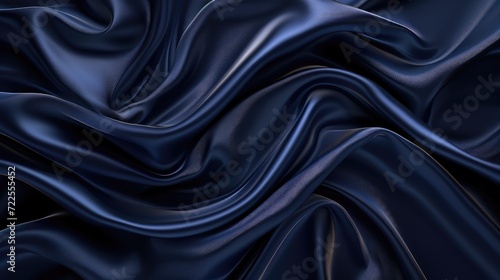 Silk satin fabric. Navy blue color. Elegant background with space for design. Soft wavy folds. Christmas