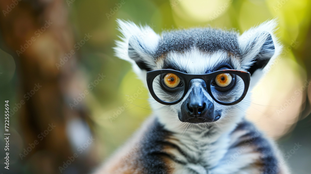 cute funny Lemur Catta, closeup with glasses. Ai Generative
