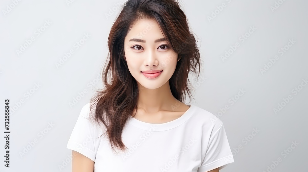 Studio shot of beautiful cheerful Asian woman in white t-shirt and stand smiling with studio background. Studio shot of beautiful cheerful Asian woman in white t-shirt and stand smiling with studio background.