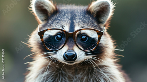 Portrait of a cute funny raccoon wearing glasses, isolated on a white background. Ai Generative © We3 Animal