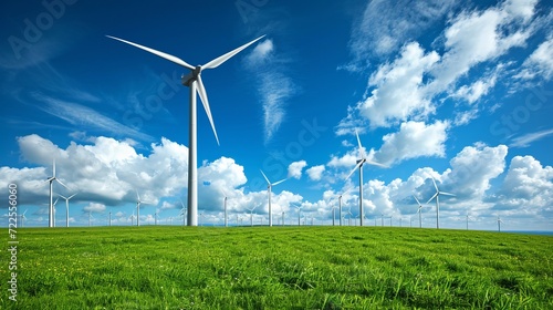 Renewable wind energy being generated by a wind farm in a picturesque rural landscape.