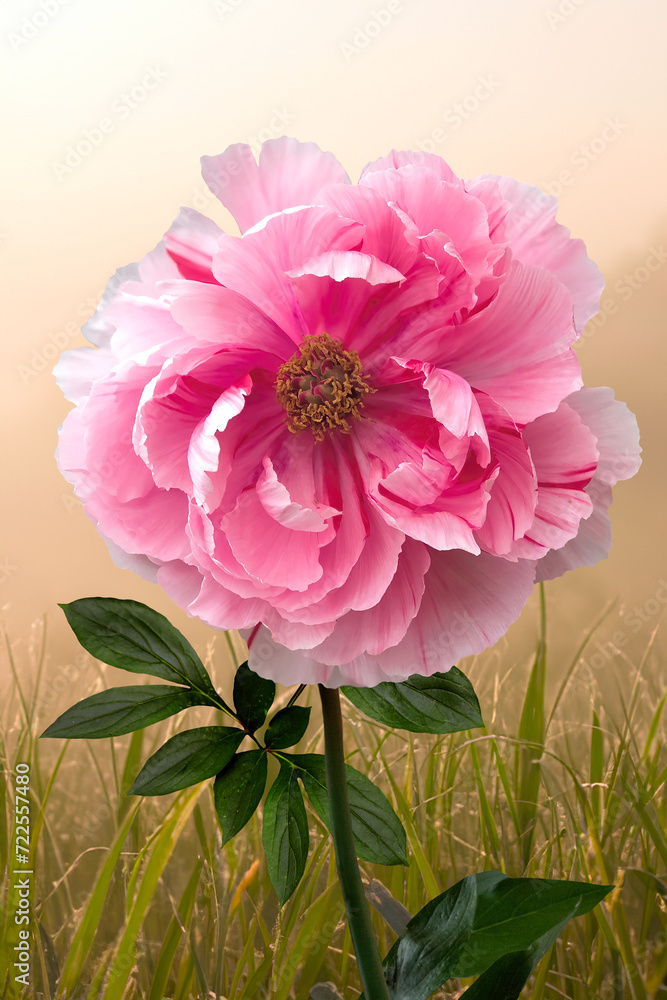 Pink Peony in the grass in the garden on a spring morning Pink Peony in the grass in the garden on a spring morning
