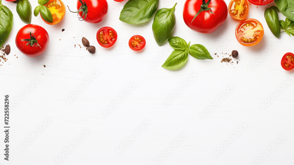 fresh tomato, herbs and spices isolated on white background, top view fresh tomato, herbs and spices isolated on white background, top view