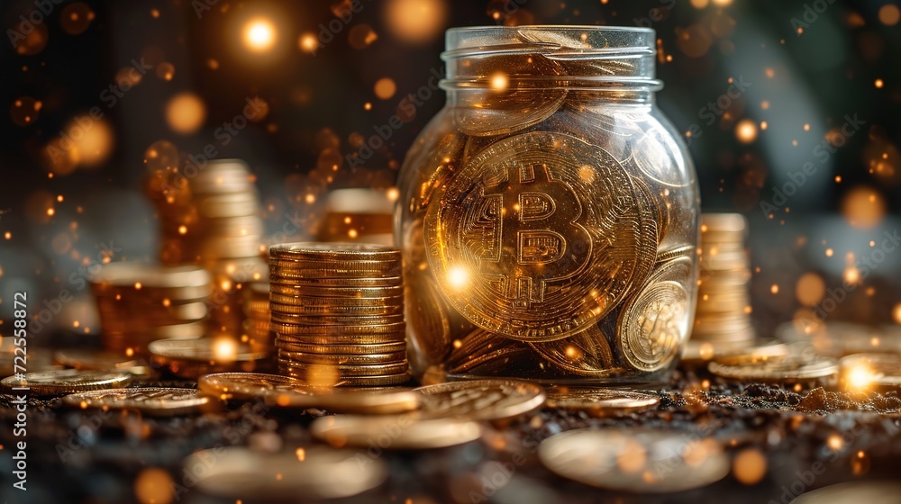 A stack of gold bitcoin coins on a dark background. financial background, money A stack of gold bitcoin coins on a dark background. financial background, money