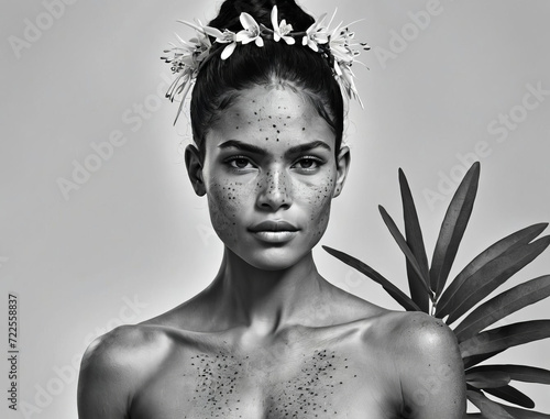 Timeless Elegance - Portrait of a Brawny Indigenous Australian Supermodel with Botanical Beauty in Black and White Gen AI photo