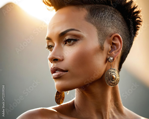 Seductive Beauty - portrait of a brawny tan-skin mixed race supermodel with distinctive earrings, nose, and cheekbones Gen AI photo