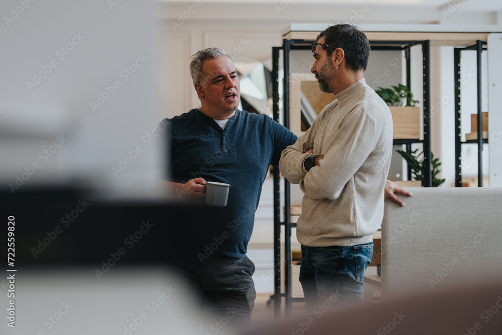Two male colleagues stand together in an office setting, enjoying a relaxed conversation over coffee in a naturally lit workspace. Two male colleagues stand together in an office setting, enjoying a relaxed conversation over coffee in a naturally lit workspace.