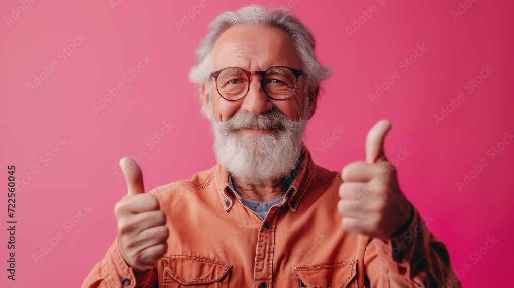 smiling elderly gray-haired man in glasses shows thumbs up on a colored background in the studio, pensioner, old age, grandfather, portrait of a mature person, beard, casual wear, gesture, happy smiling elderly gray-haired man in glasses shows thumbs up on a colored background in the studio, pensioner, old age, grandfather, portrait of a mature person, beard, casual wear, gesture, happy