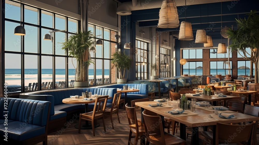 Coastal seafood restaurant interior with nautical-themed decor and large windows overlooking the ocean