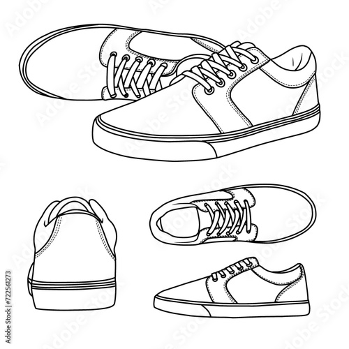 Technical sketch drawing of Mens Low Top Sneaker Classic Casual Sneakers, suitable for your custom sneakers design, outline vector doodle illustration, various view isolated on white background