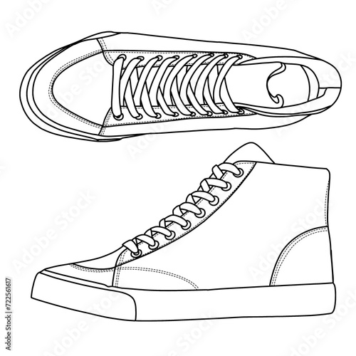 Technical sketch drawing of Mens High Top Sneakers Casual Shoes, suitable for your custom sneakers Shoes design, outline vector doodle illustration, side and top view isolated on white background
