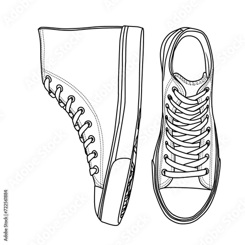 Technical sketch drawing of Mens High Top Sneakers Line art, suitable for your custom sneakers Shoes design, outline vector doodle illustration, side and top view isolated on white background