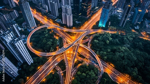 Night aerial view of busy city highway intersection with car traffic and urban infrastructure photo