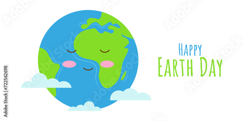 Earth Day cute funny character white background. Smiling planet in clouds. Banner, Poster, Postcard Design. Vector.