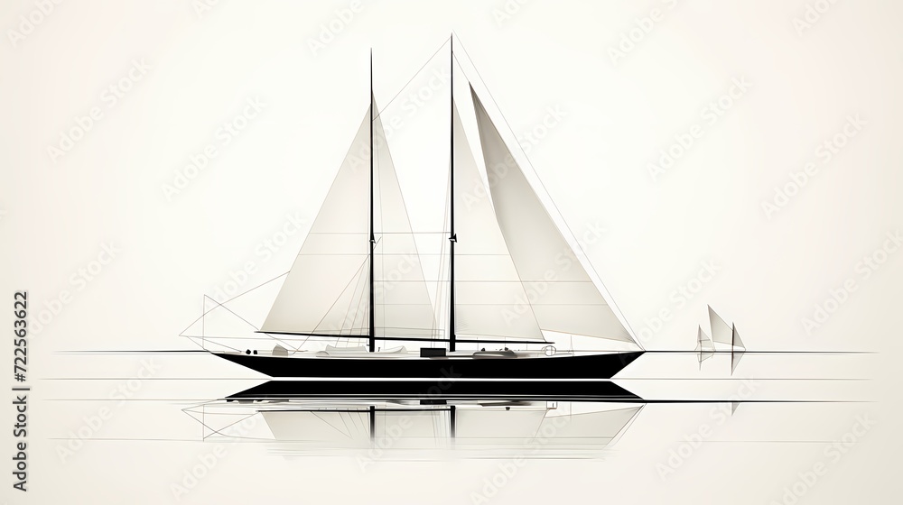 Contemporary black and white line drawing of a sailboat, emphasizing the simplicity and elegance of nautical design