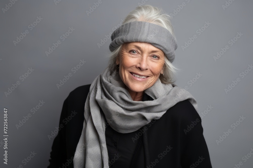 Portrait of happy senior woman in winter hat and scarf over grey background Portrait of happy senior woman in winter hat and scarf over grey background