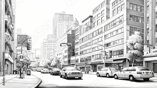 Contemporary black and white line drawing of an urban street scene, capturing the essence of modern city life with clean architectural lines © CREATER CENTER