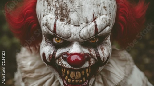 Evil clown face portrait with vintage circus background and copy space for horror movie scene photo