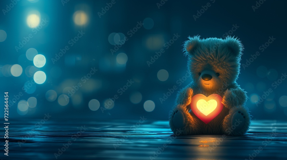 Baby bear presenting heart shaped valentine s day gift on blurred background with copy space