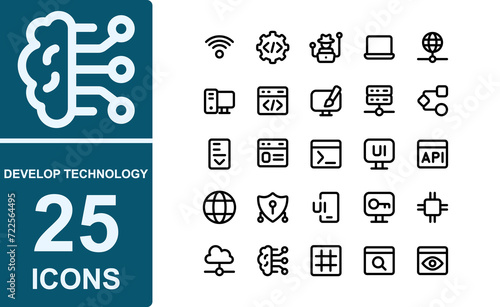 set outline icons related to technology and development.contains wifi,development,hacker,laptop,internet,network,desktop,design,web,database,programming,software,ui, interface.vector illustration.