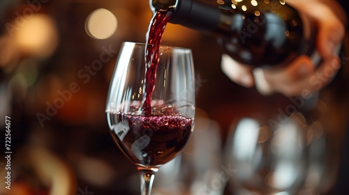 sommelier expertly pouring a deep red wine into a crystal wine glass, capturing the rich color and intricate details of the pour