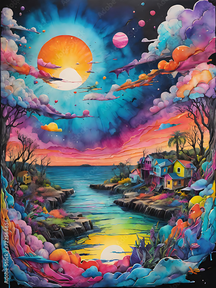 This painting depicts a vibrant and colourful sunset casting its warm hues over a tranquil body of water.